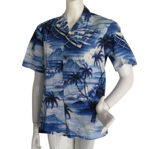 ROYAL CREATIONS Hawaiian Shirt, S, Blue/White, Sea View, outriggers, Tikis - Picture 3 of 9